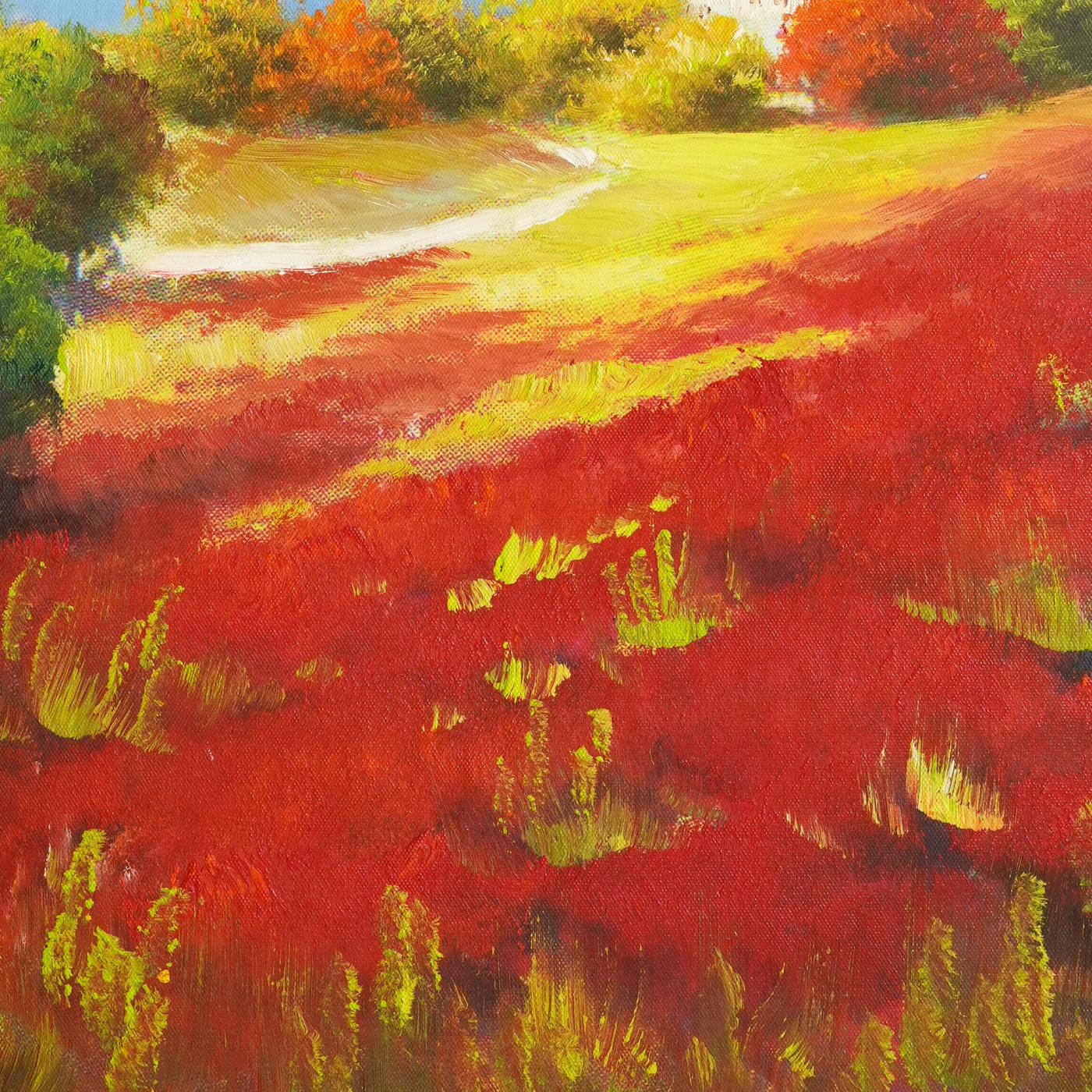 Red Meadow and White Cottage Landscape Oil Painting - Brushwork detail