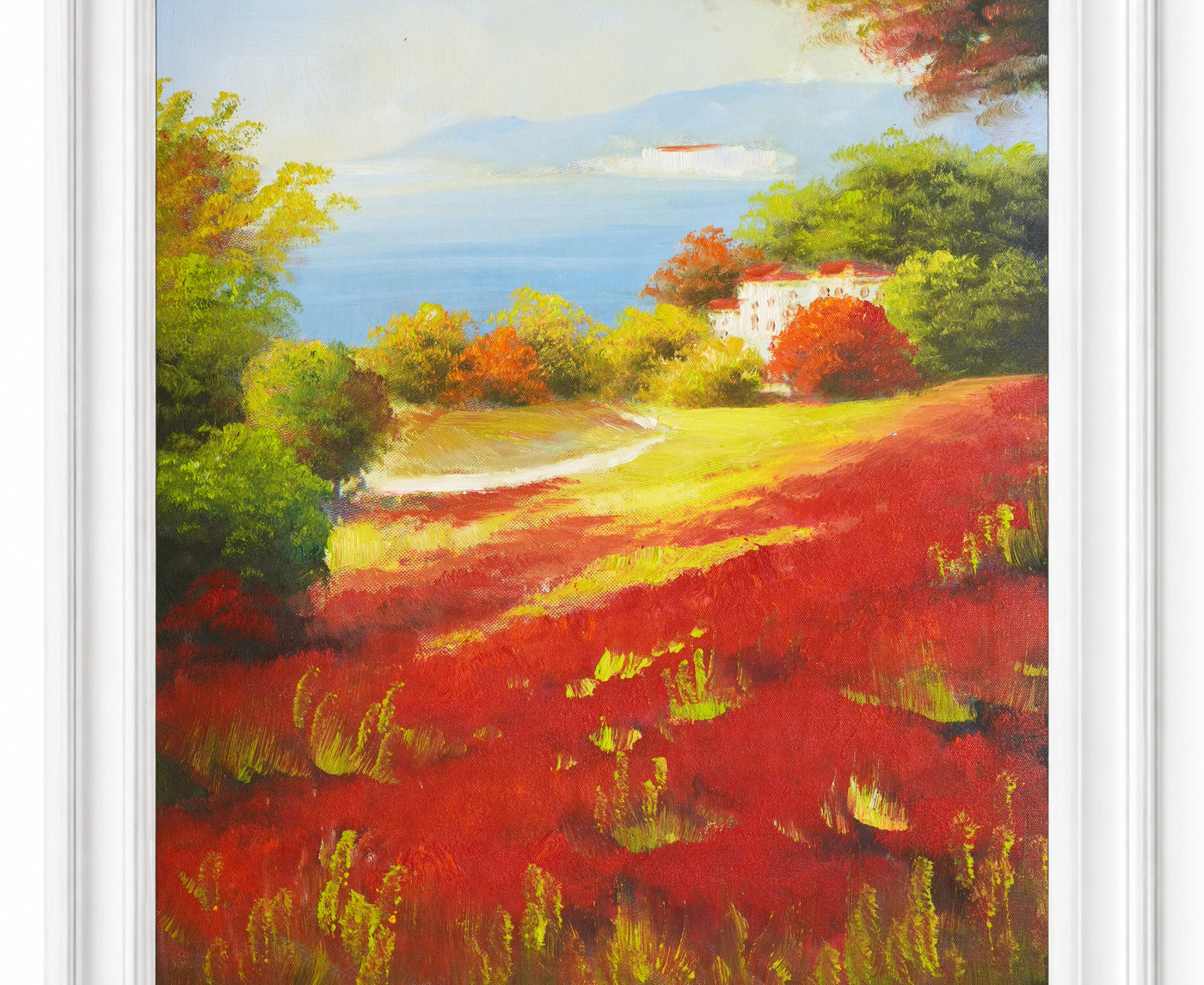 Red Meadow and White Cottage Landscape Oil Painting - Frame example
