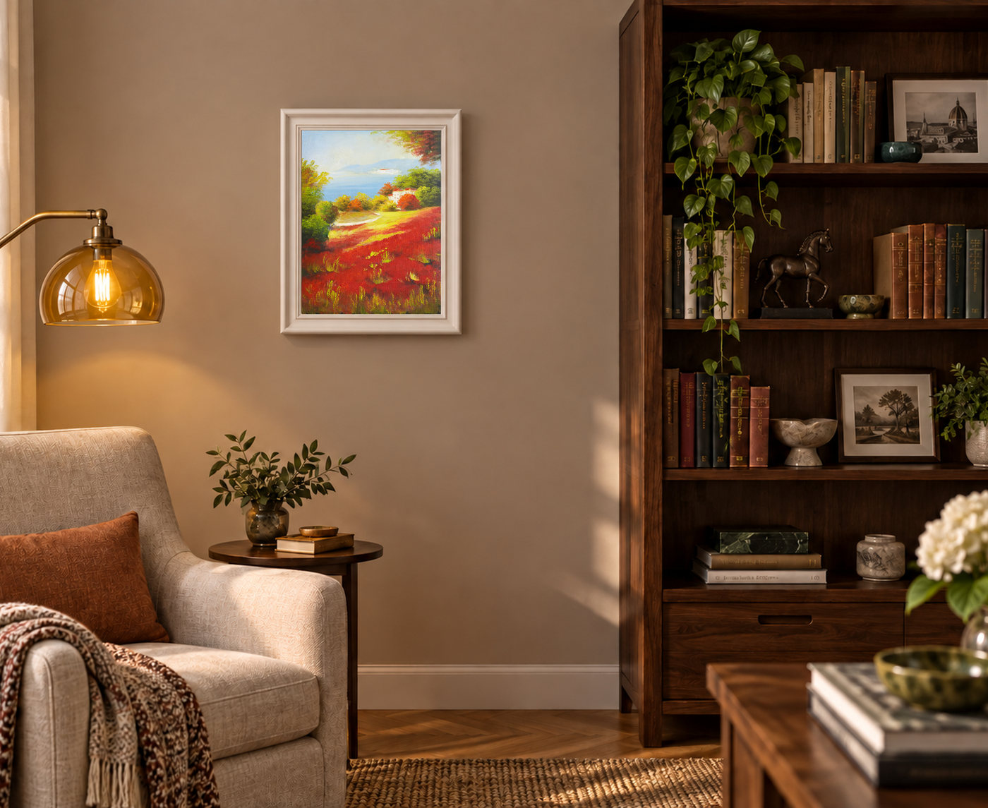 Red Meadow and White Cottage Landscape Oil Painting
