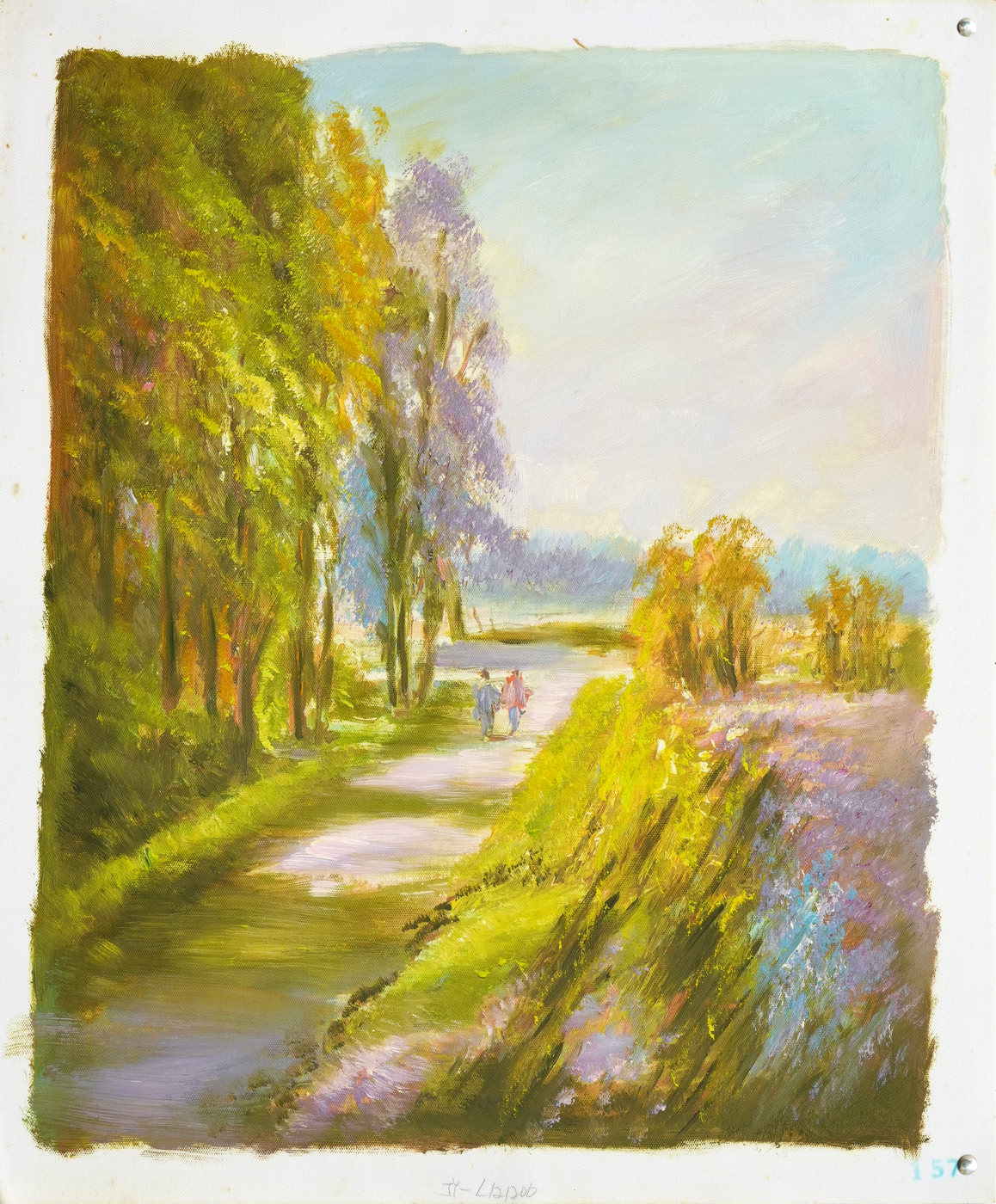 River Landscape Oil Painting with Tall Green Trees