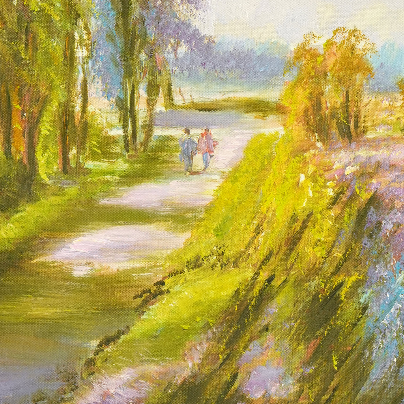 River Landscape Oil Painting with Tall Green Trees - Brushwork detail