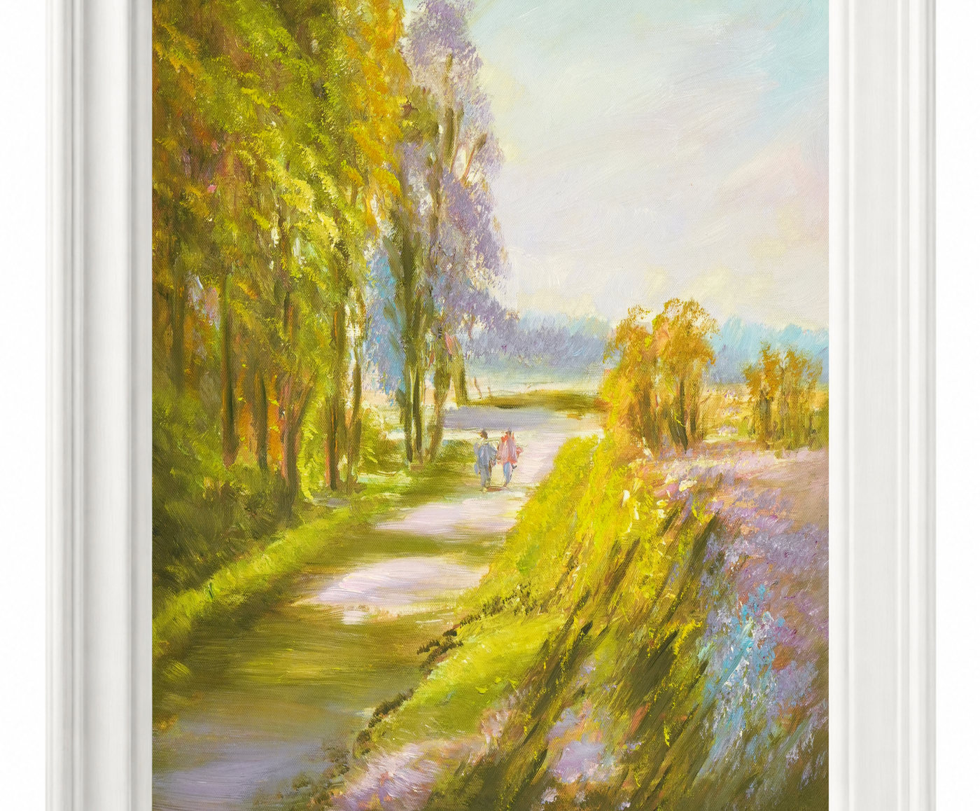 River Landscape Oil Painting with Tall Green Trees - Frame example