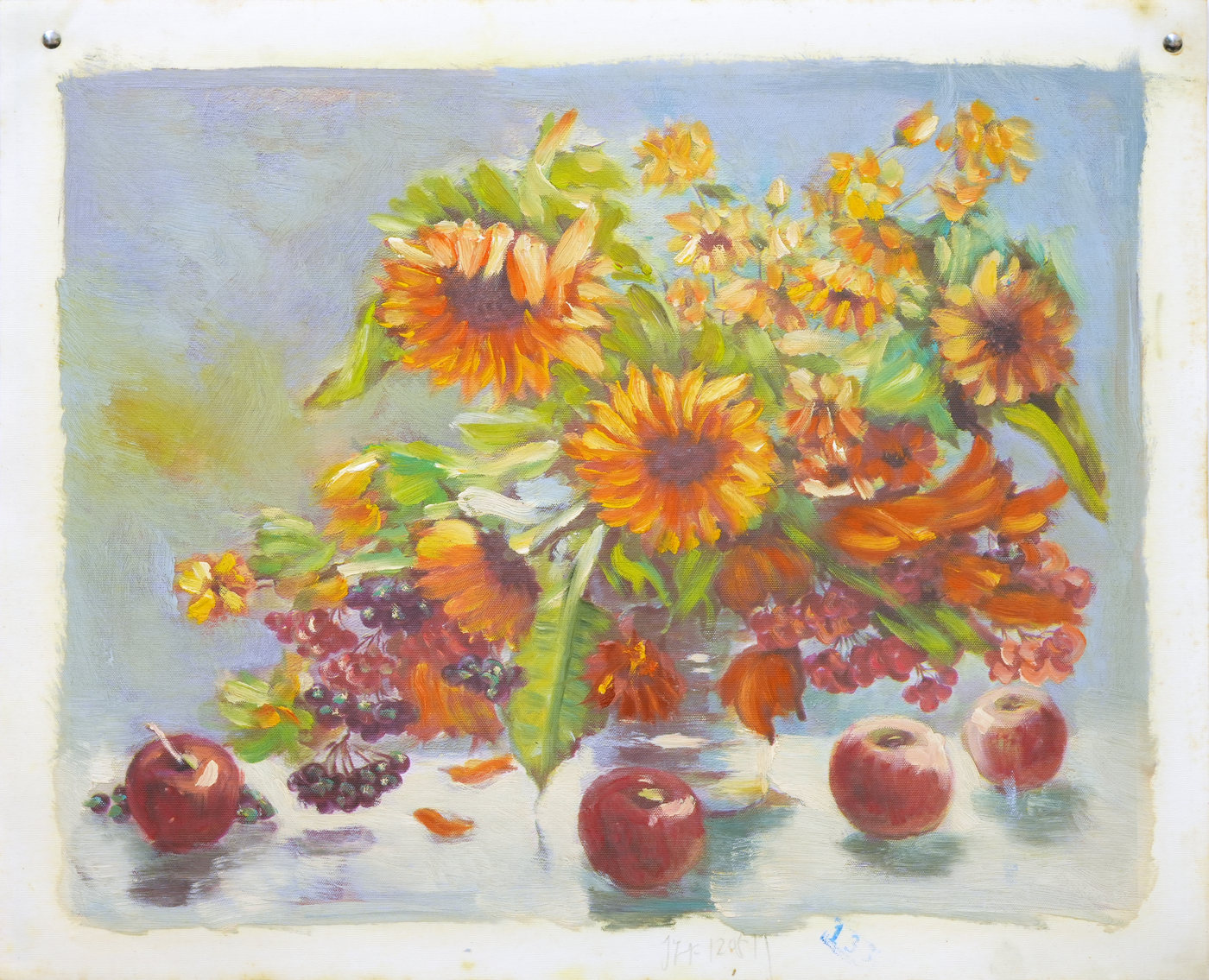 Sunflower Oil Painting with Apples and Grapes