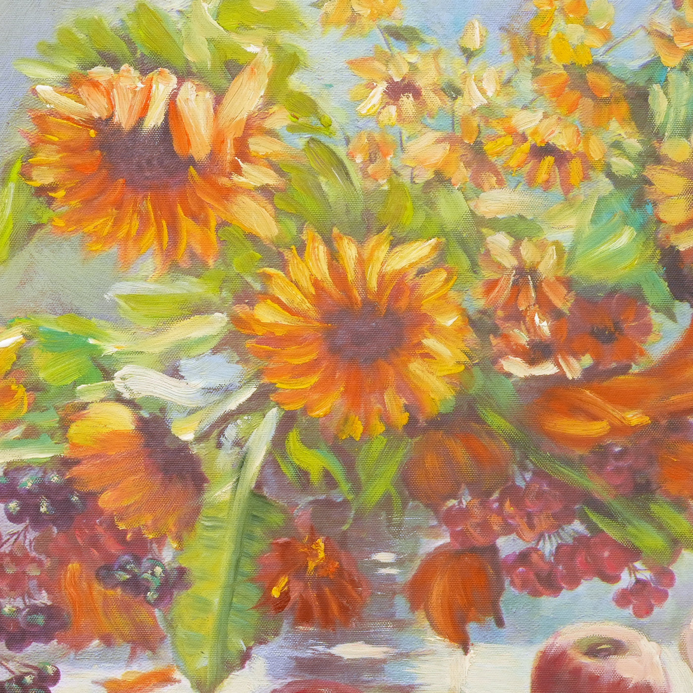 Sunflower Oil Painting with Apples and Grapes - Brushwork detail