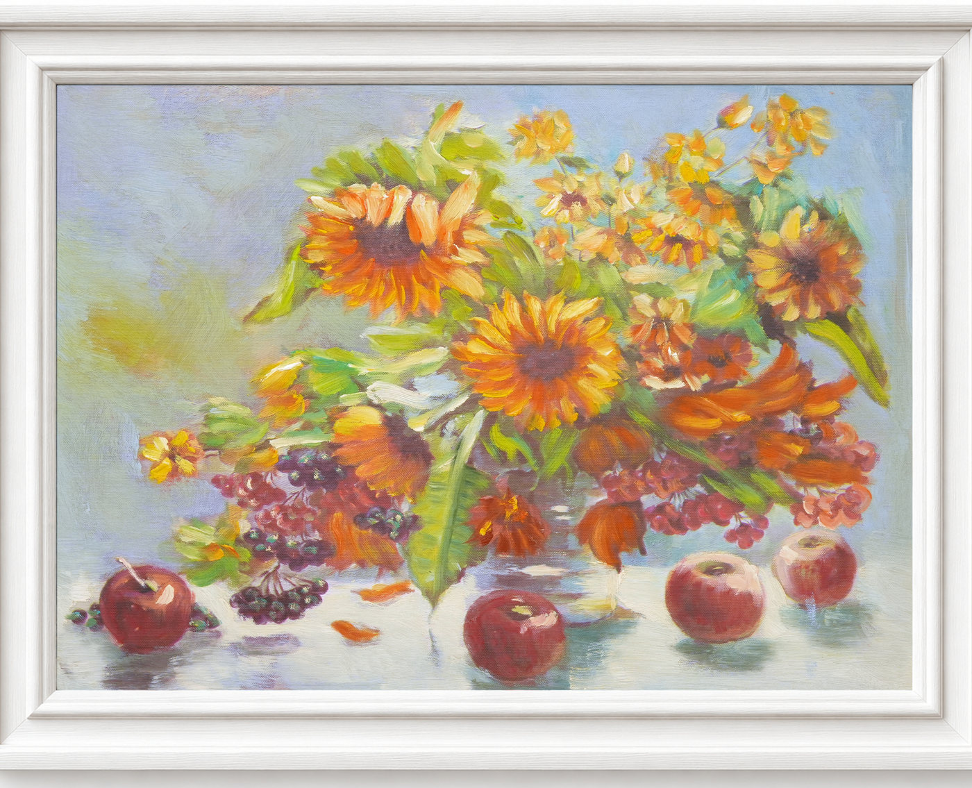 Sunflower Oil Painting with Apples and Grapes - Frame example