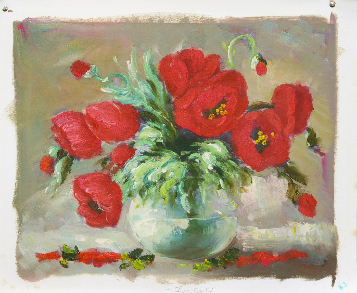 Red Poppy Bouquet Oil Painting in a Clear Vase