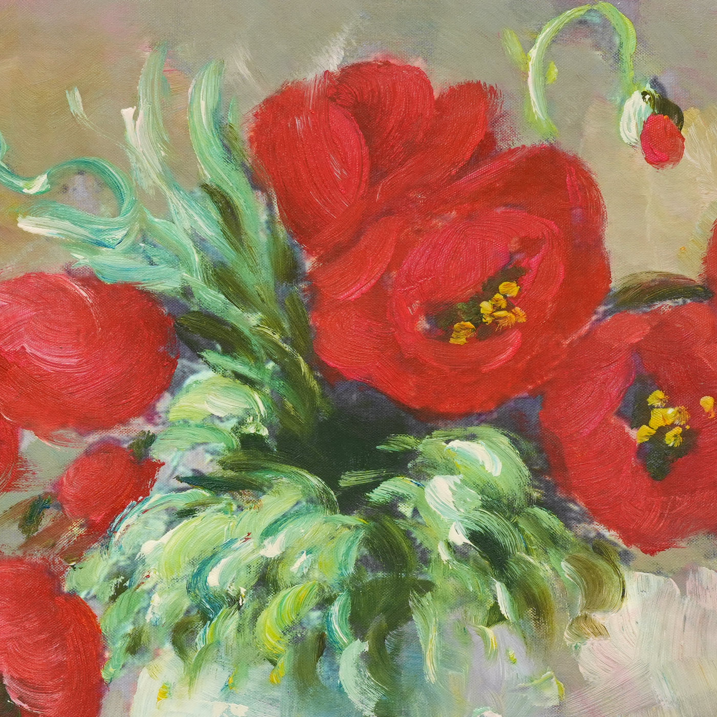 Red Poppy Bouquet Oil Painting in a Clear Vase - Brushwork detail