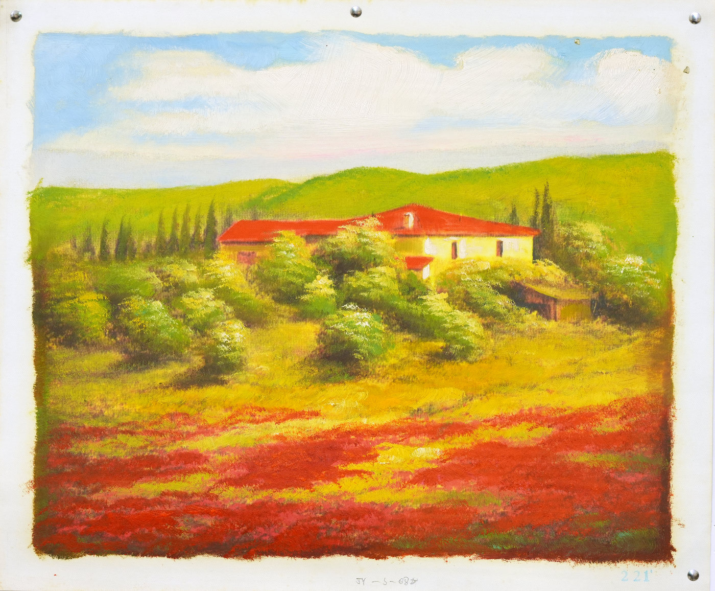 Country House above Red Flower Fields Landscape Oil Painting
