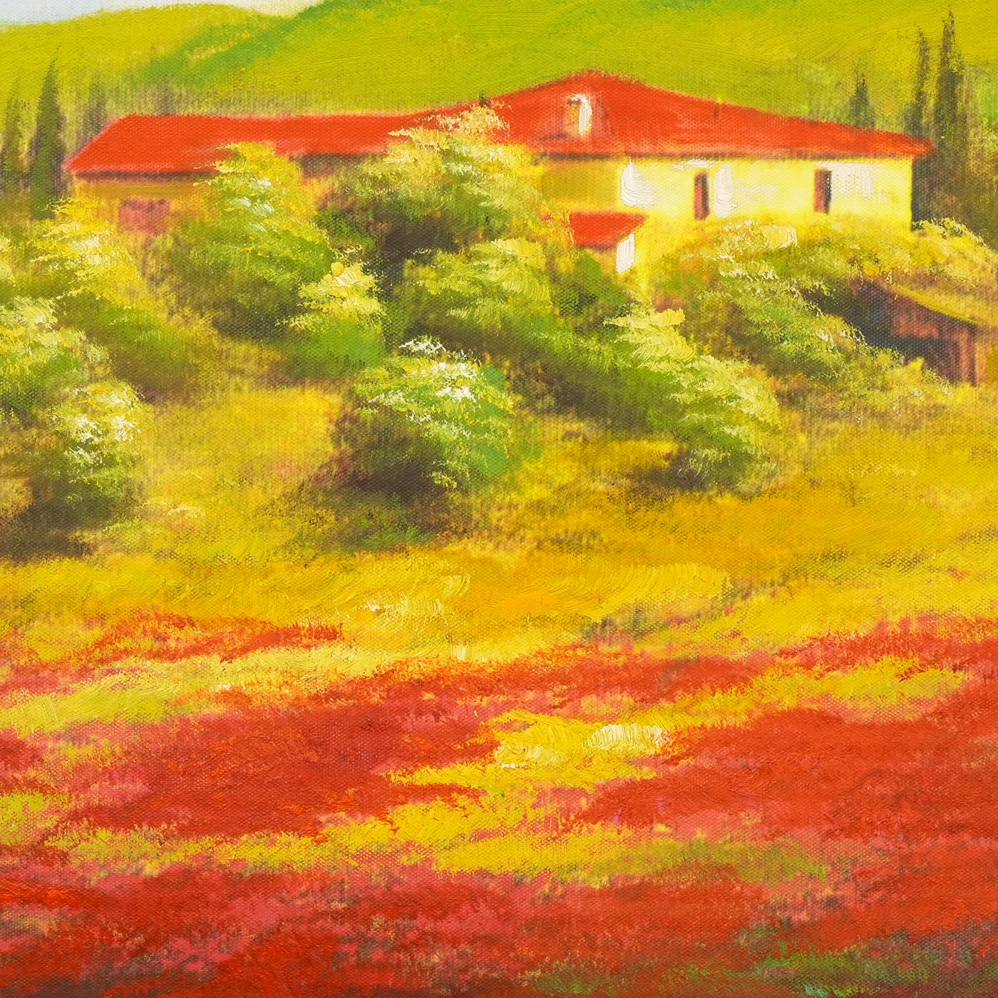 Country House above Red Flower Fields Landscape Oil Painting - Brushwork detail
