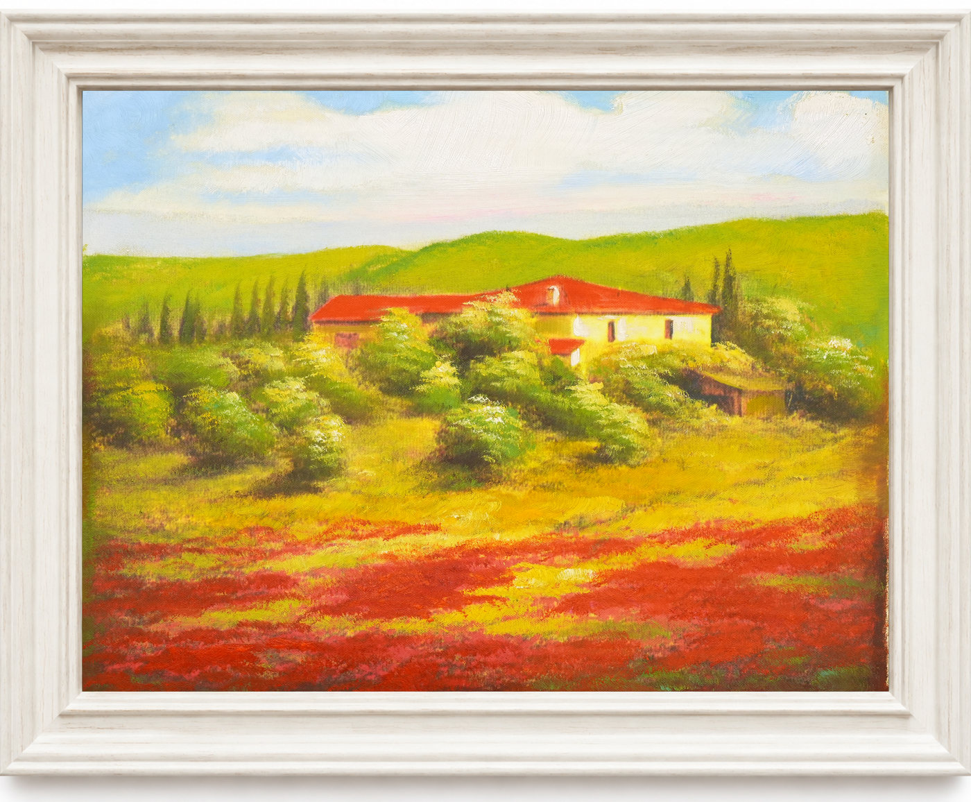 Country House above Red Flower Fields Landscape Oil Painting - Frame example
