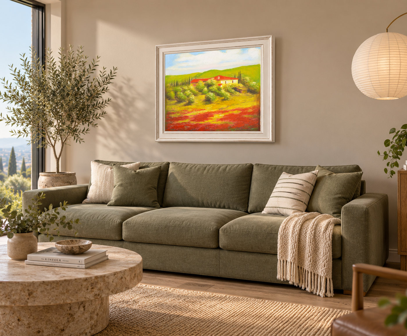 Country House above Red Flower Fields Landscape Oil Painting