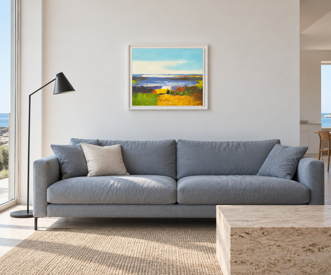Abstract Seascape Oil Painting in Blue and Gold