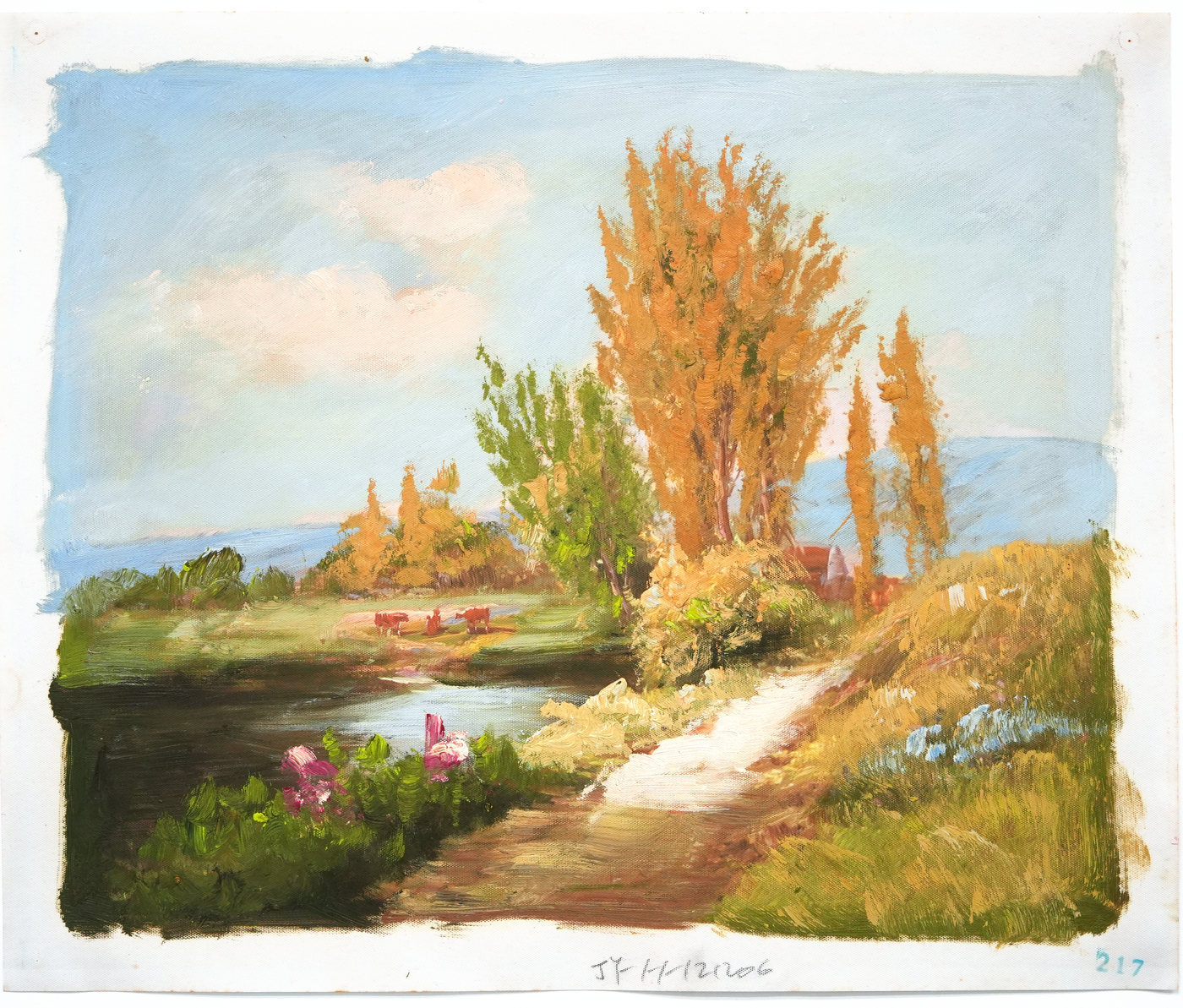 Autumn Riverside Landscape Oil Painting with Poplars