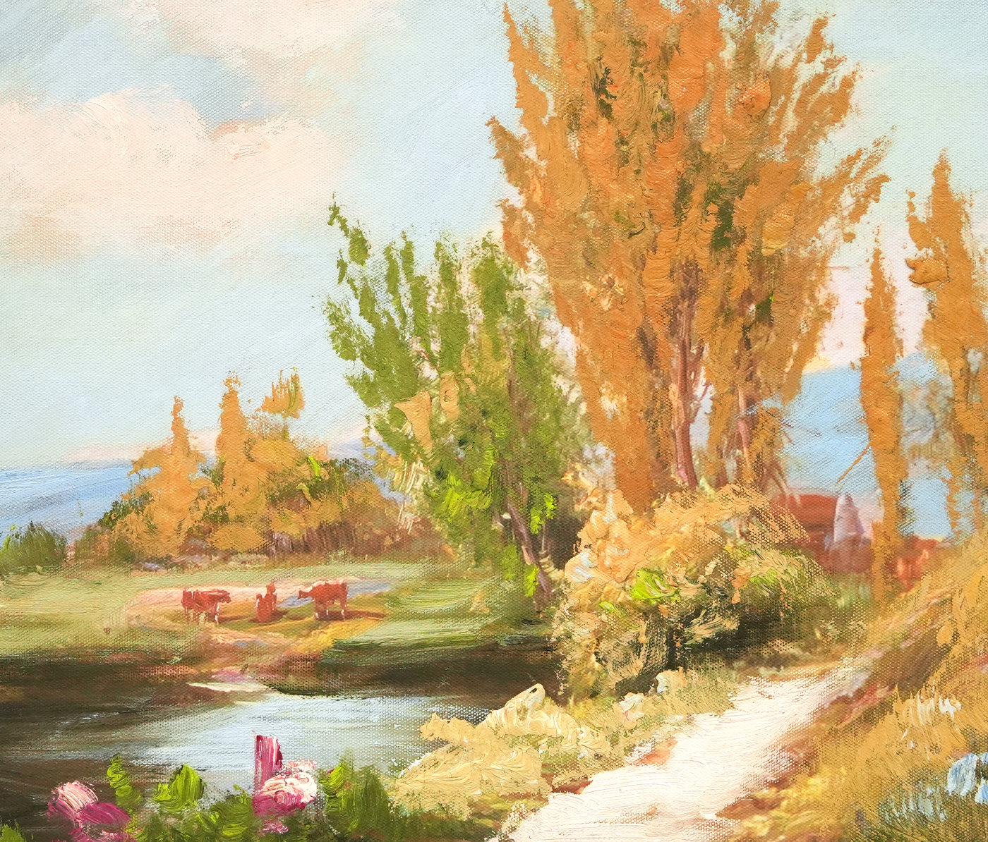 Autumn Riverside Landscape Oil Painting with Poplars - Brushwork detail