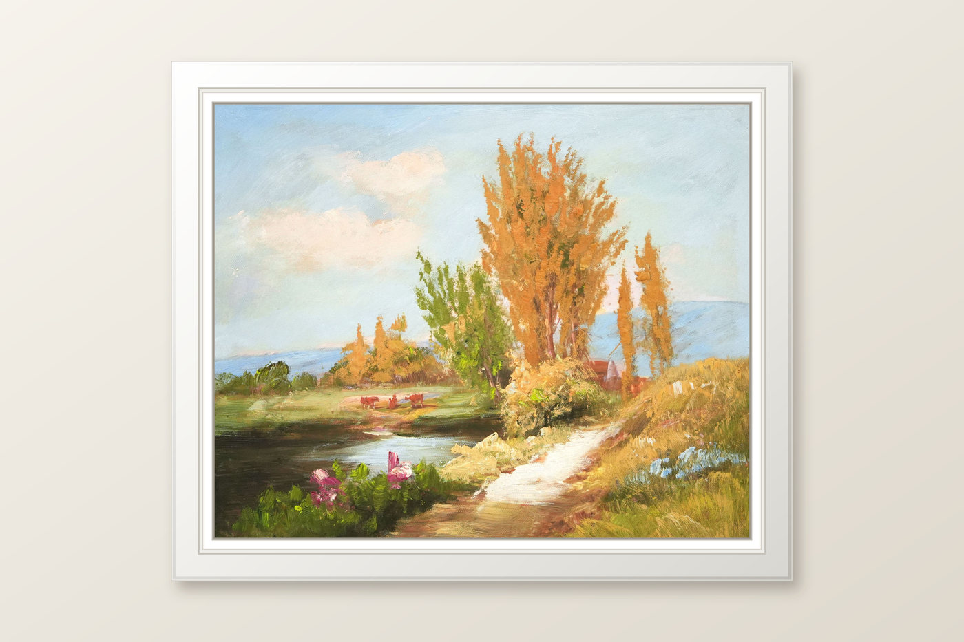 Autumn Riverside Landscape Oil Painting with Poplars - Frame example