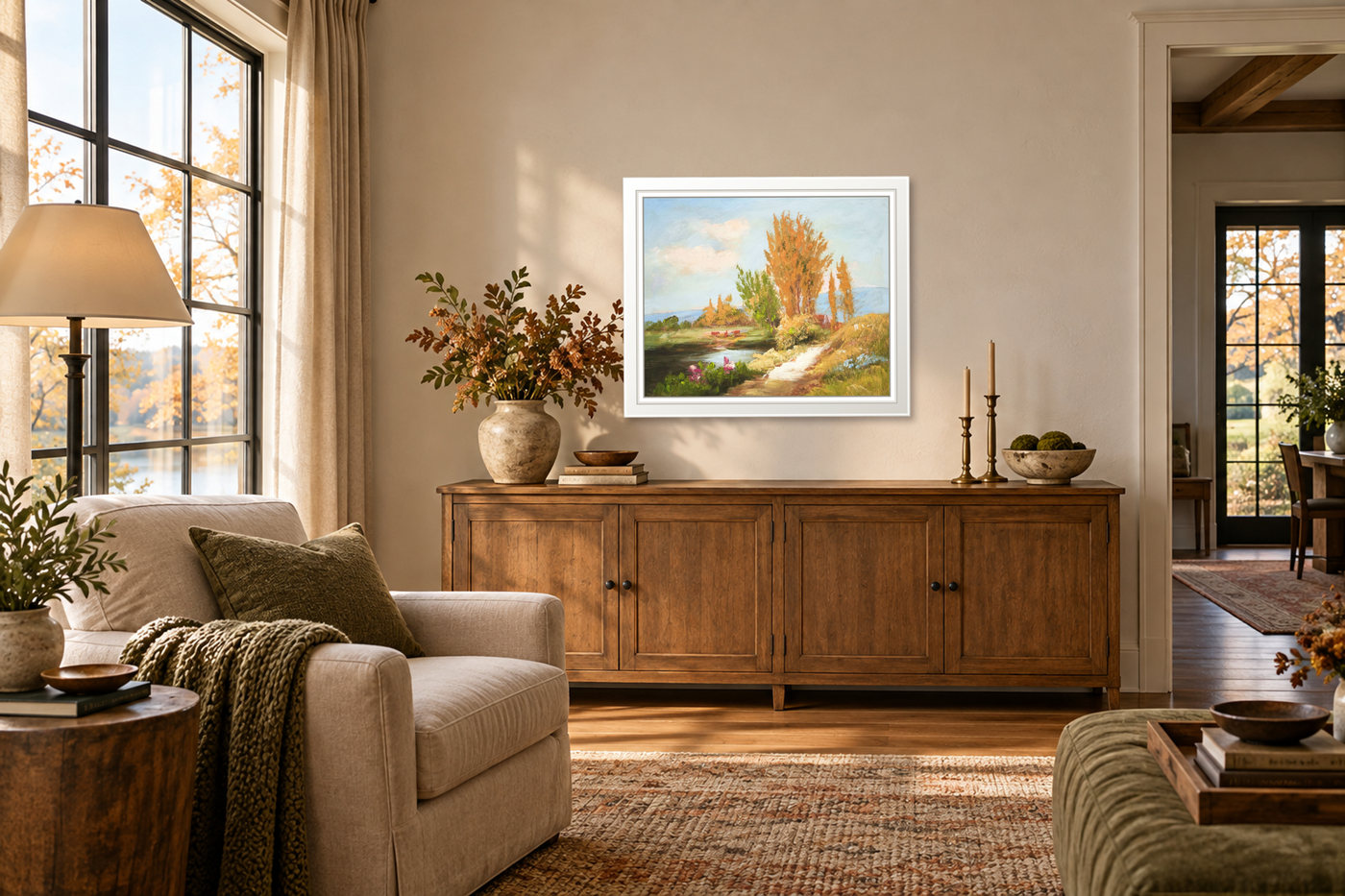 Autumn Riverside Landscape Oil Painting with Poplars