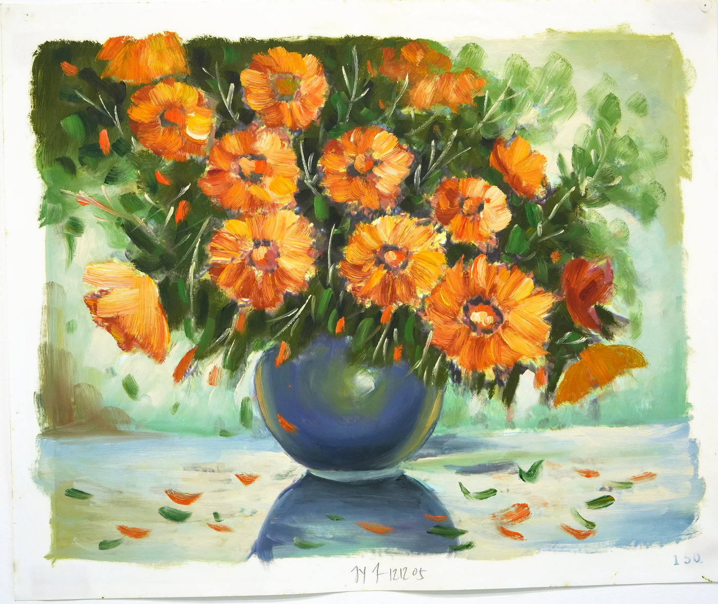 Orange Flower Oil Painting in a Blue Vase