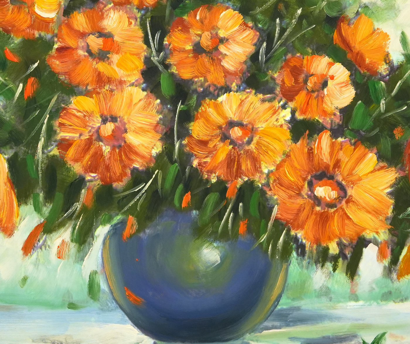 Orange Flower Oil Painting in a Blue Vase - Brushwork detail