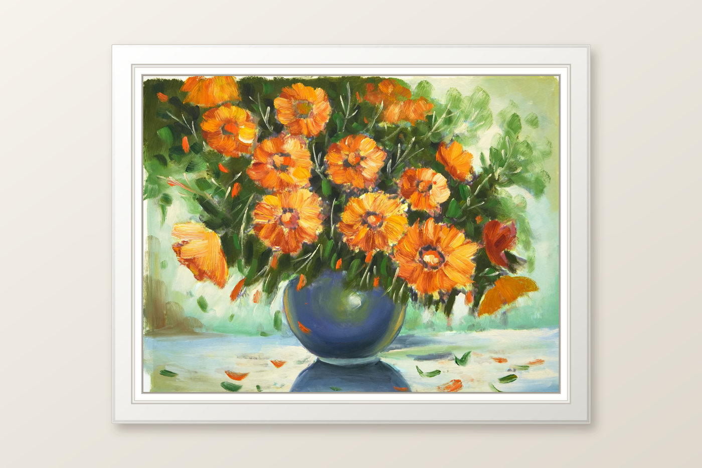 Orange Flower Oil Painting in a Blue Vase - Frame example