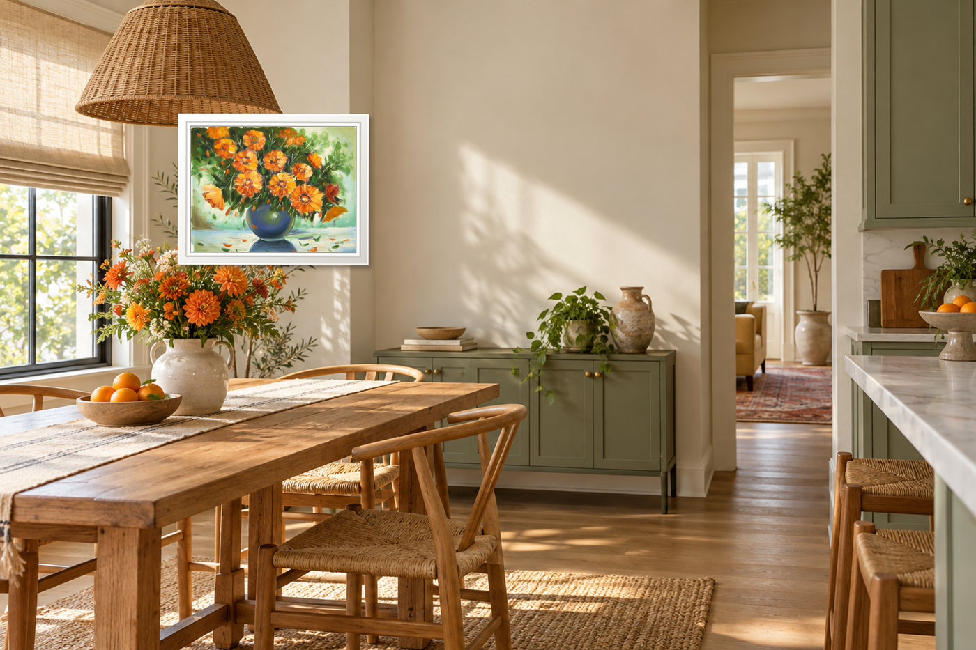 Orange Flower Oil Painting in a Blue Vase