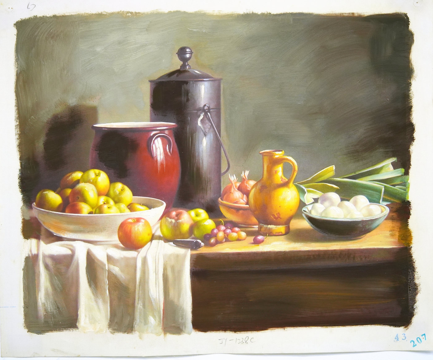 Kitchen Still Life Oil Painting with Fruit and Pottery