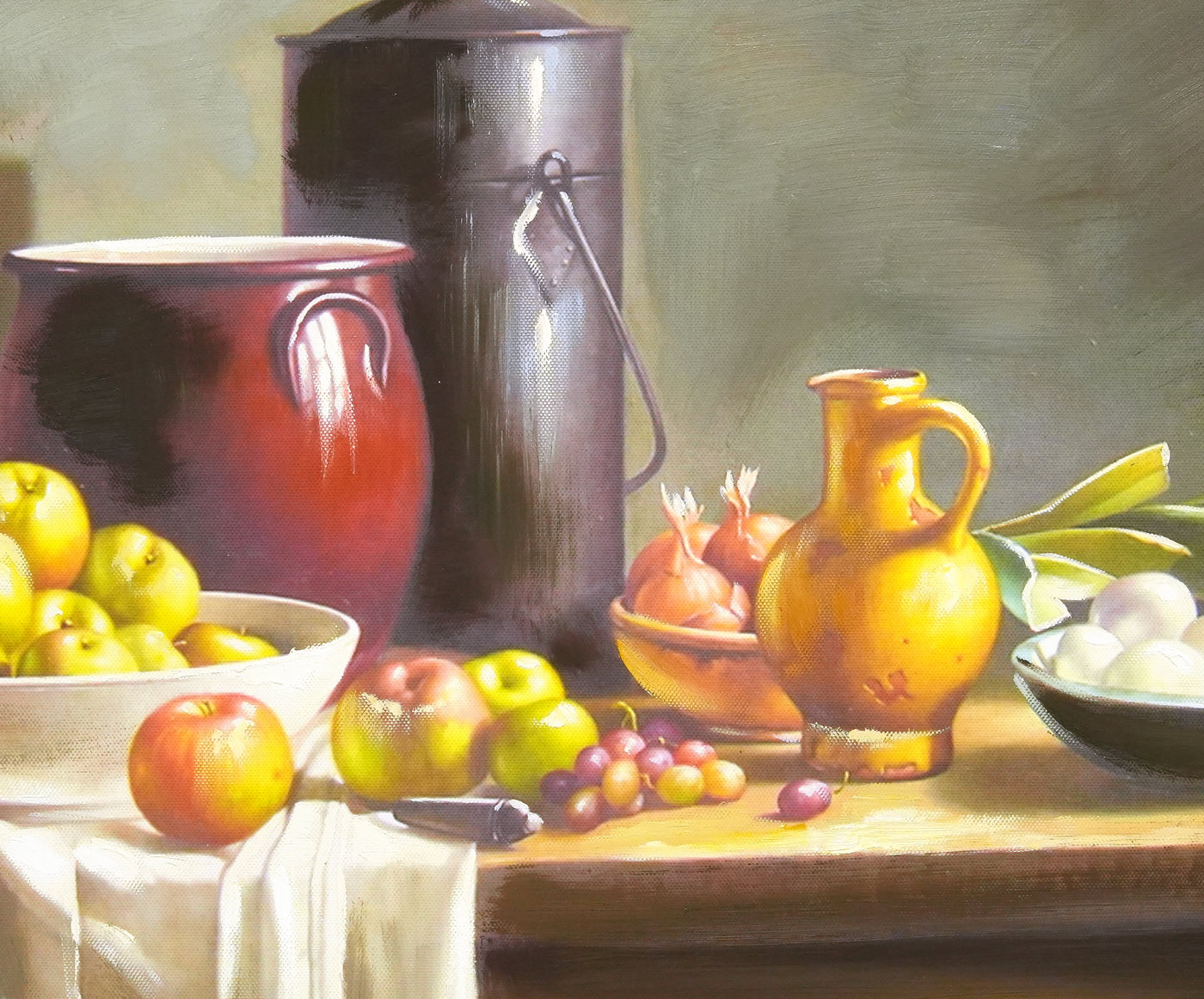 Kitchen Still Life Oil Painting with Fruit and Pottery - Brushwork detail