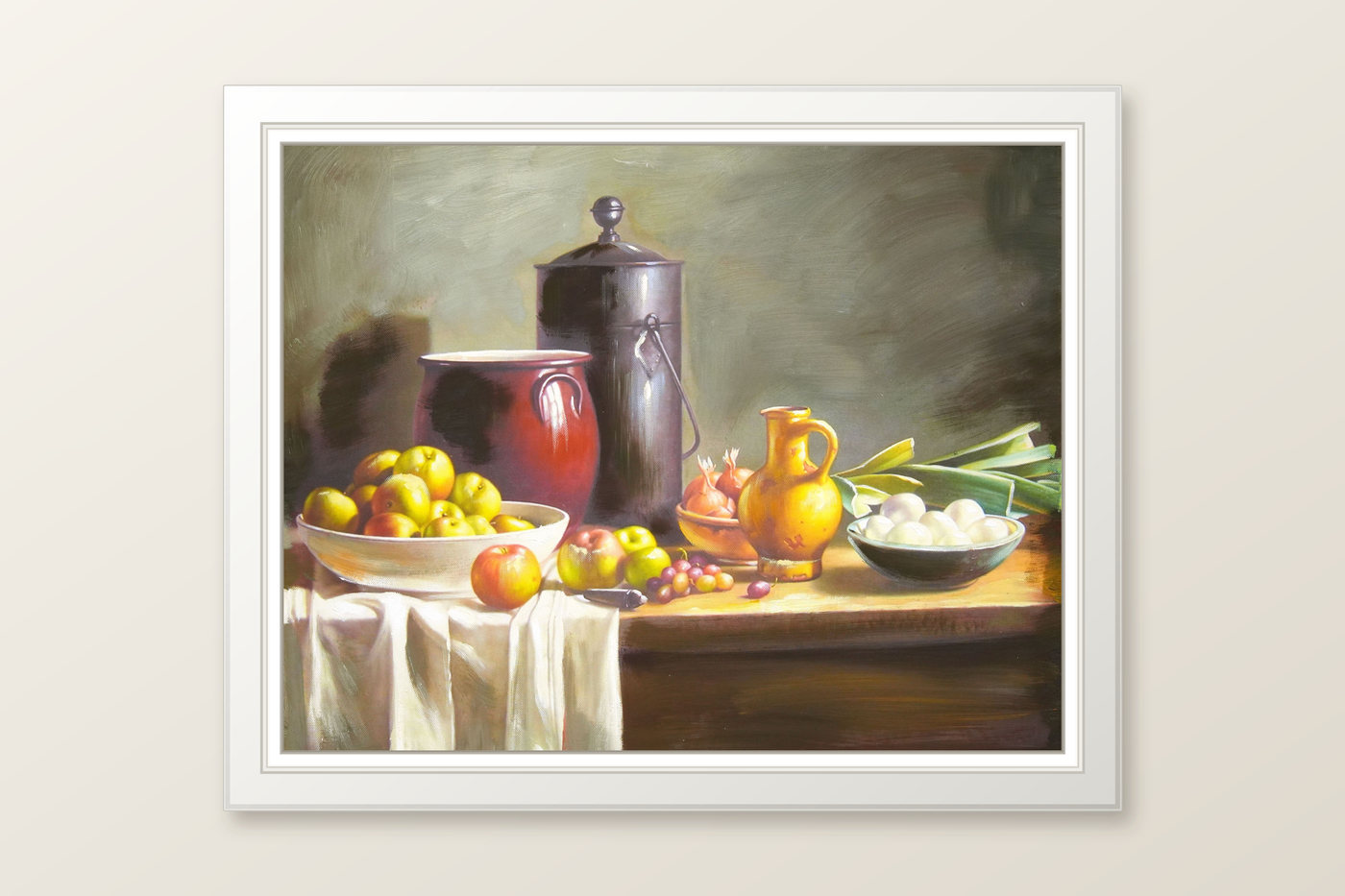 Kitchen Still Life Oil Painting with Fruit and Pottery - Frame example