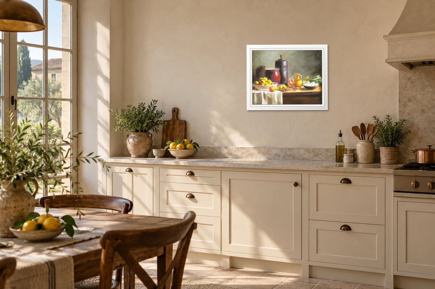 Kitchen Still Life Oil Painting with Fruit and Pottery