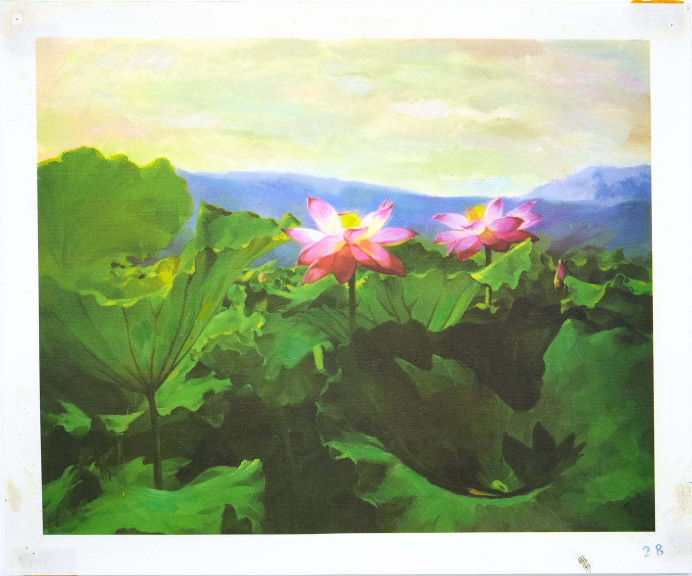 Pink Lotus Floral Oil Painting with Green Leaves