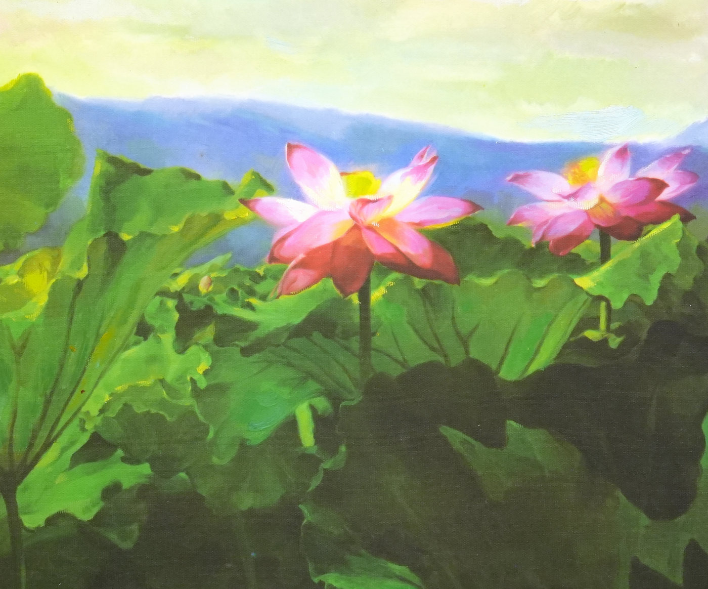 Pink Lotus Floral Oil Painting with Green Leaves - Brushwork detail