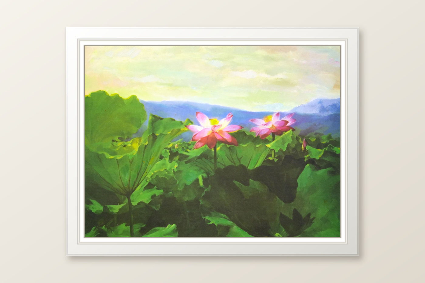 Pink Lotus Floral Oil Painting with Green Leaves - Frame example