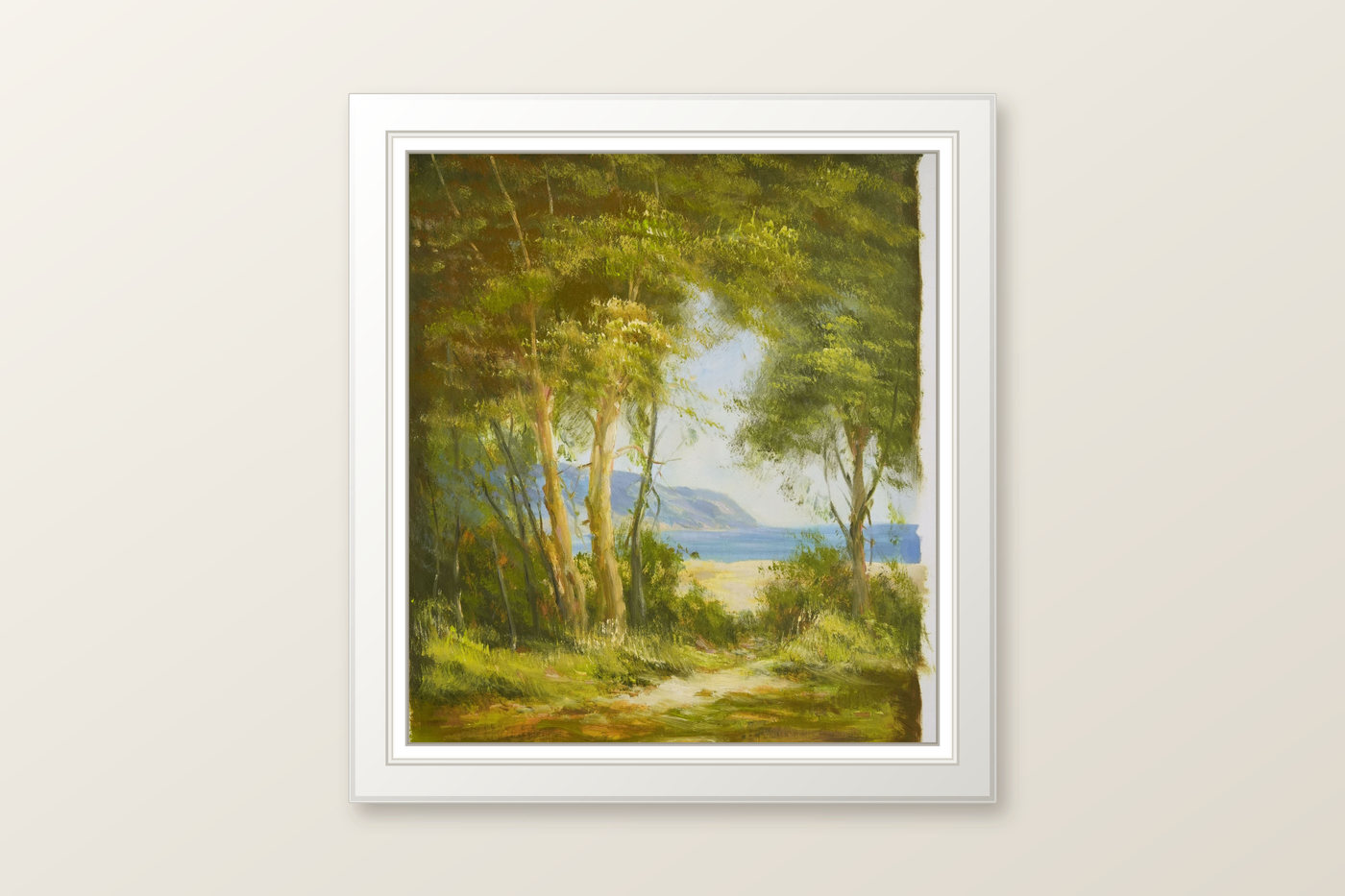 Woodland Path to the Sea Coastal Landscape Oil Painting - Frame example