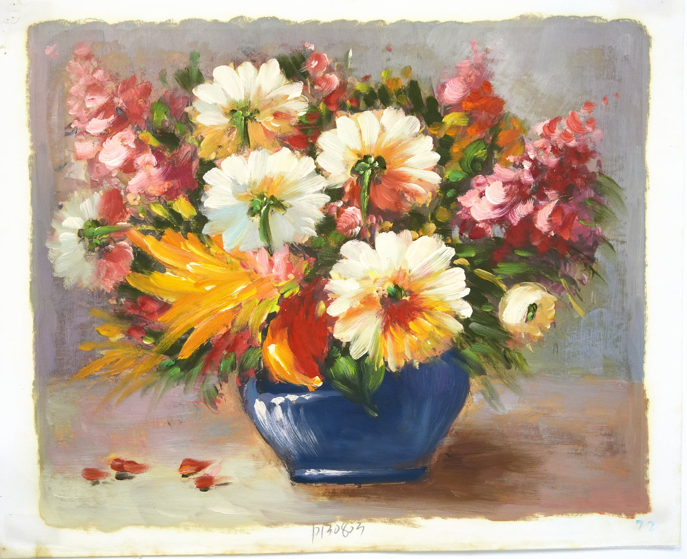 Summer Flowers in a Blue Bowl Oil Painting