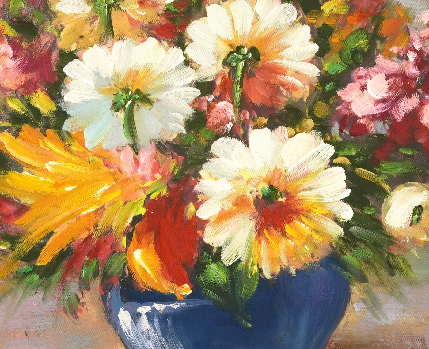 Summer Flowers in a Blue Bowl Oil Painting - Brushwork detail