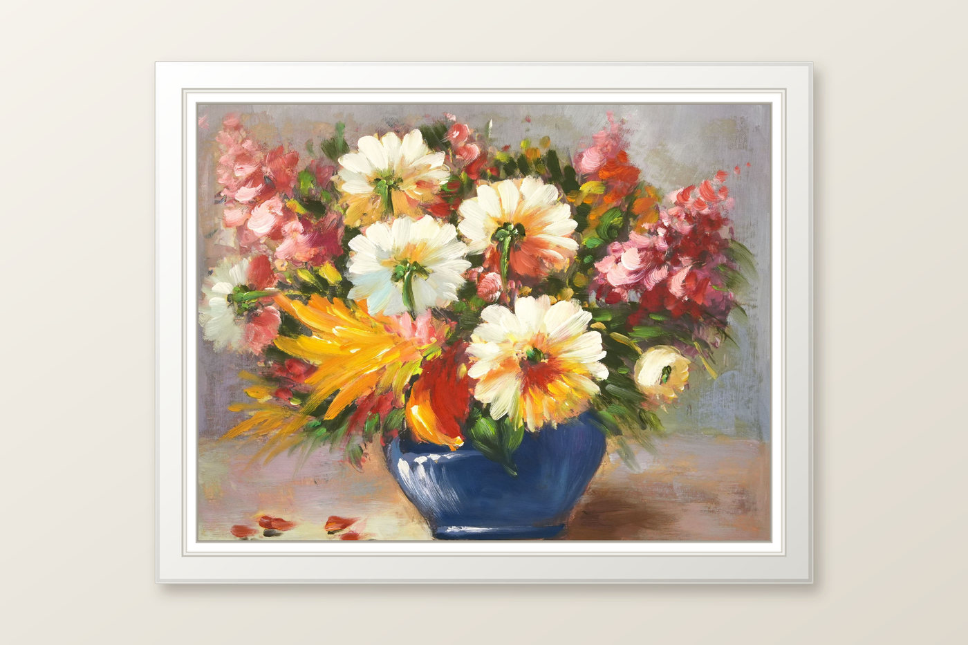 Summer Flowers in a Blue Bowl Oil Painting - Frame example