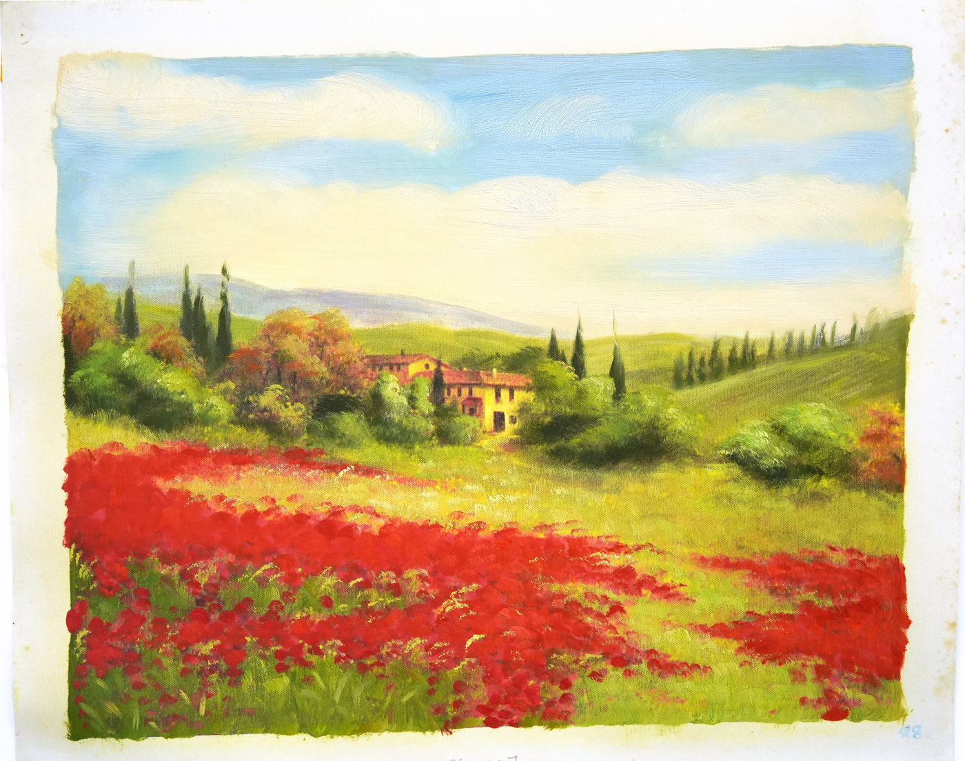 Country Landscape Oil Painting with Red Flower Fields