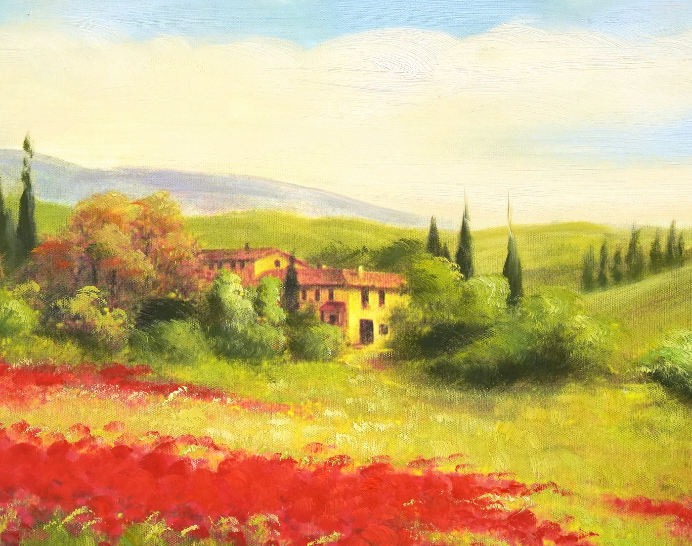 Country Landscape Oil Painting with Red Flower Fields - Brushwork detail