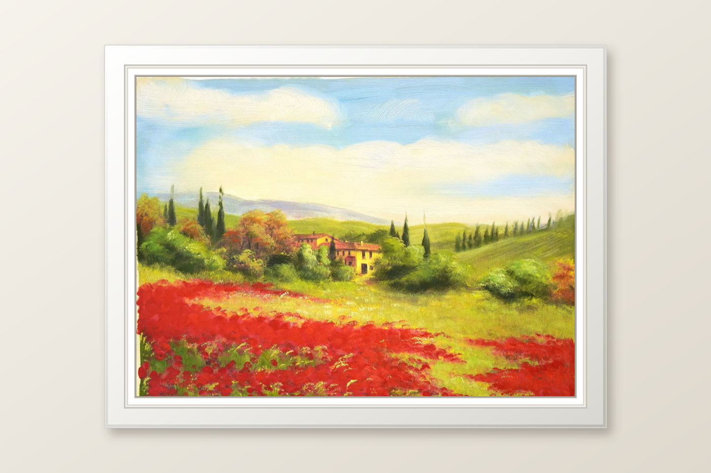 Country Landscape Oil Painting with Red Flower Fields - Frame example