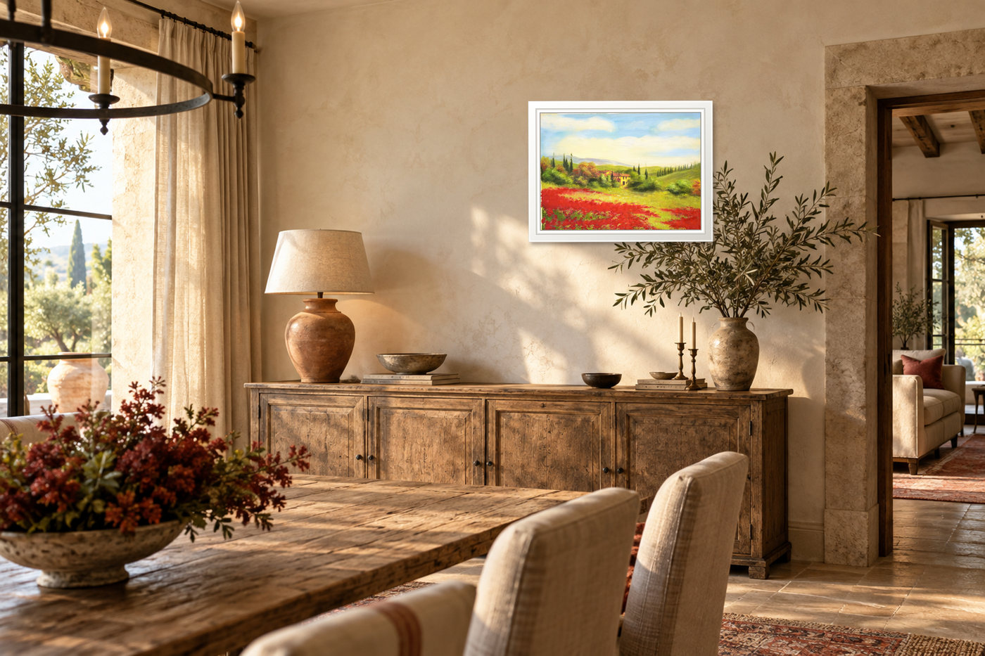 Country Landscape Oil Painting with Red Flower Fields