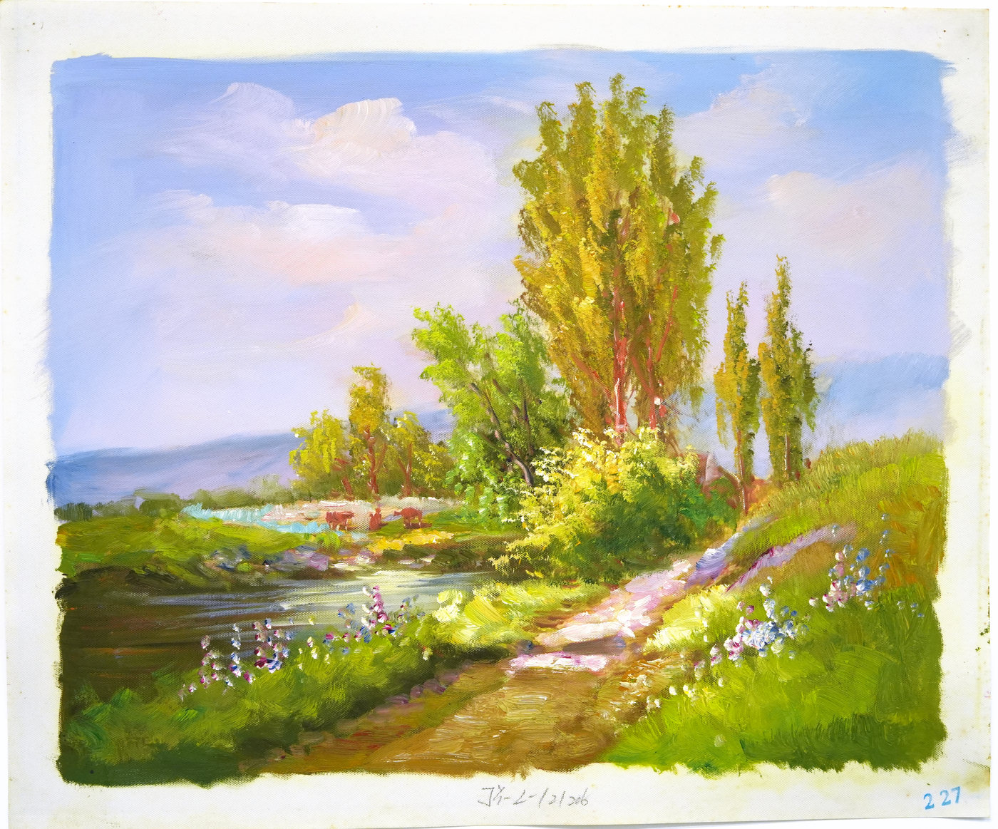 Green Riverside Landscape Oil Painting with Trees
