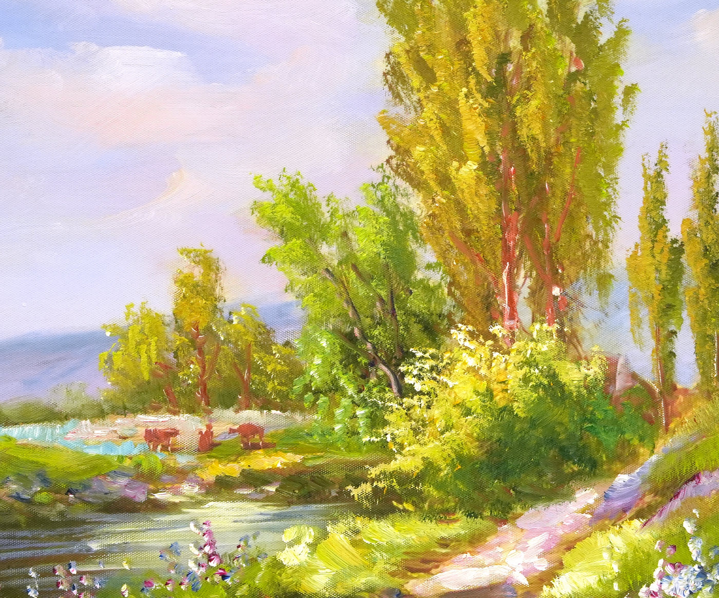 Green Riverside Landscape Oil Painting with Trees - Brushwork detail
