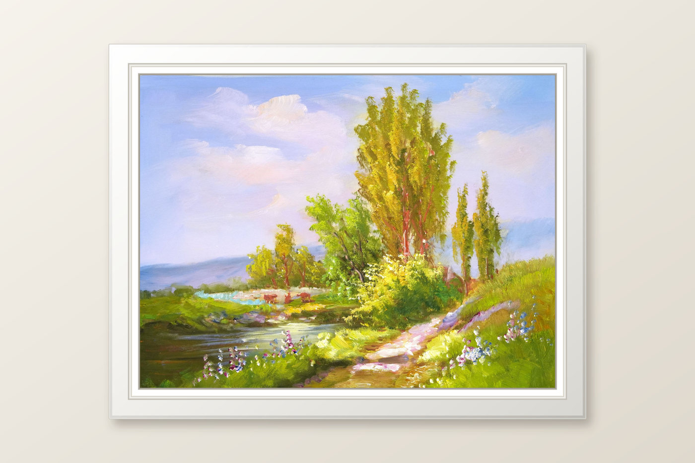 Green Riverside Landscape Oil Painting with Trees - Frame example