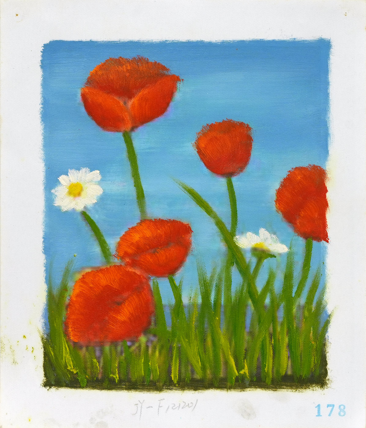 Red Poppies and White Daisies Floral Oil Painting