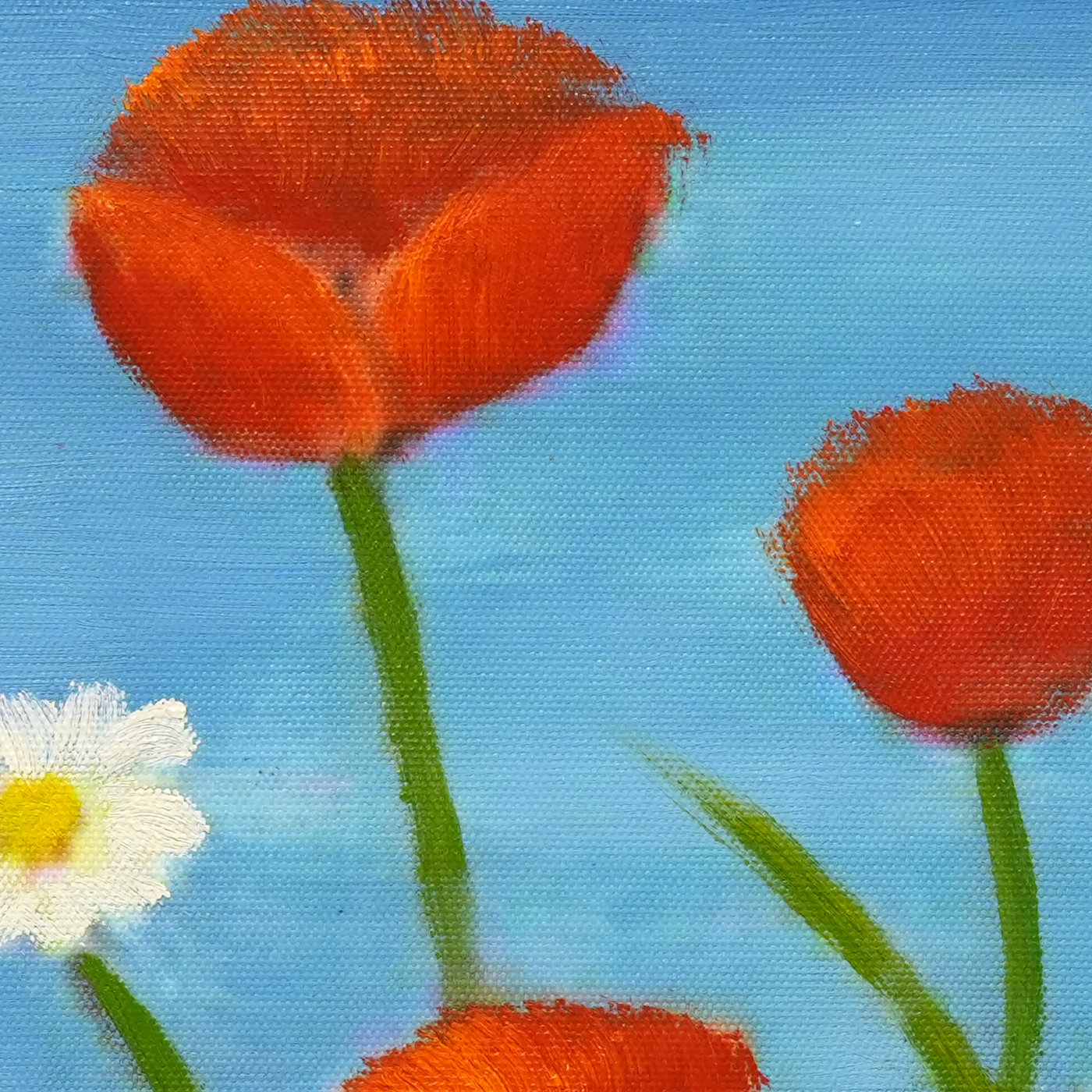 Red Poppies and White Daisies Floral Oil Painting - Brushwork detail