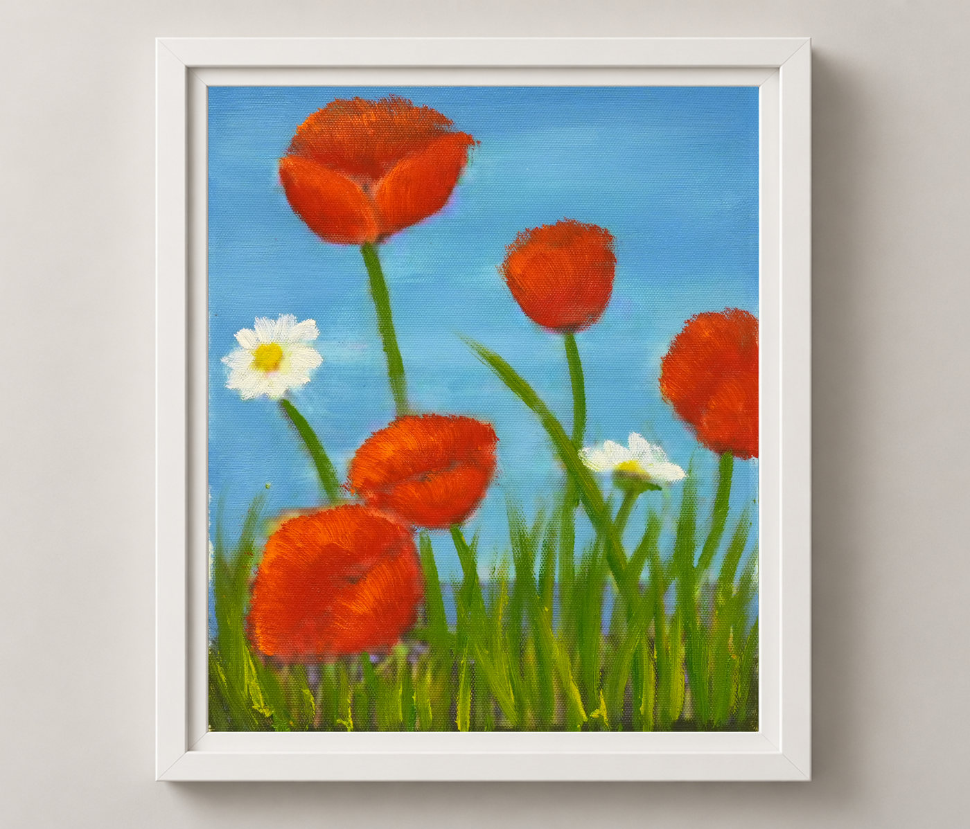 Red Poppies and White Daisies Floral Oil Painting - Frame example