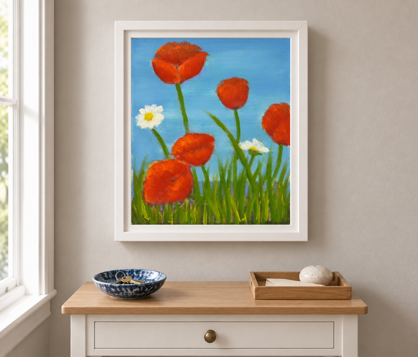 Red Poppies and White Daisies Floral Oil Painting