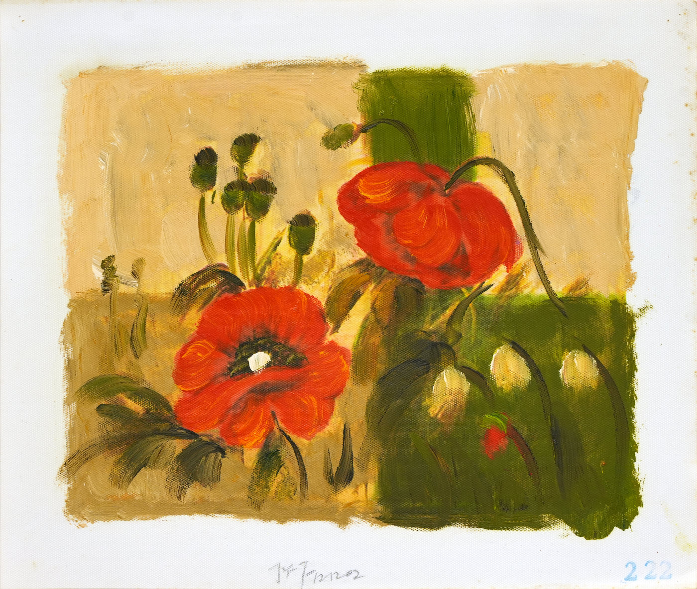 Red Poppy Oil Painting on an Ochre Background