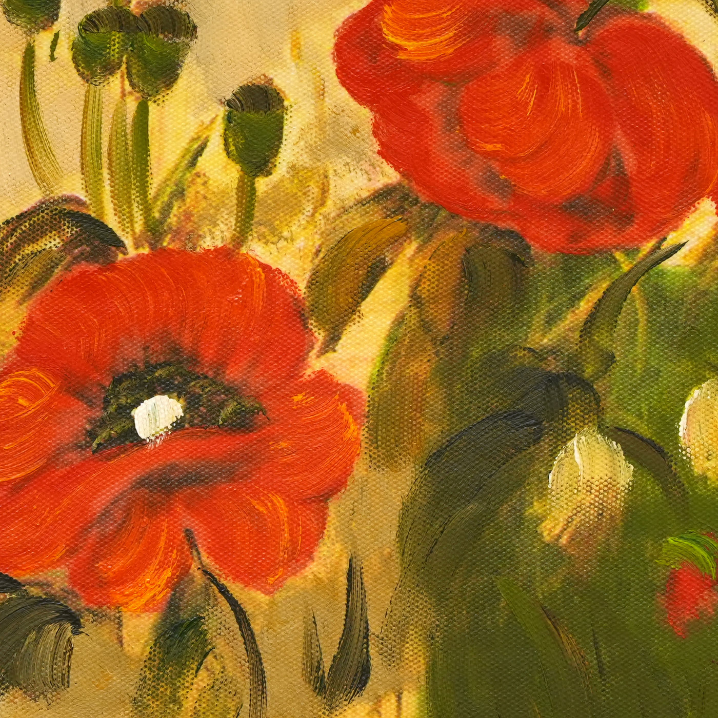 Red Poppy Oil Painting on an Ochre Background - Brushwork detail