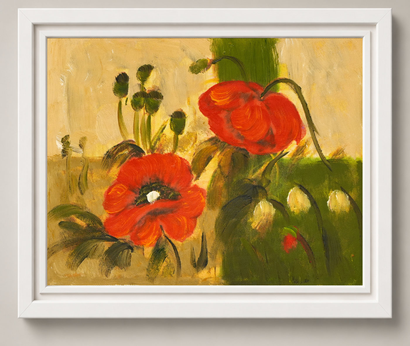 Red Poppy Oil Painting on an Ochre Background - Frame example