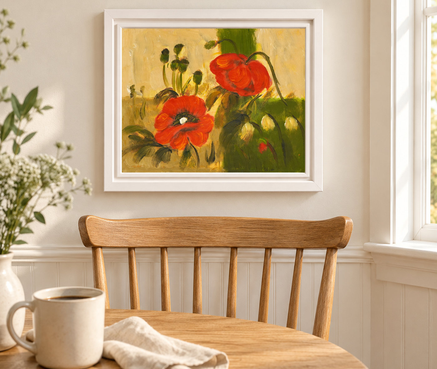 Red Poppy Oil Painting on an Ochre Background